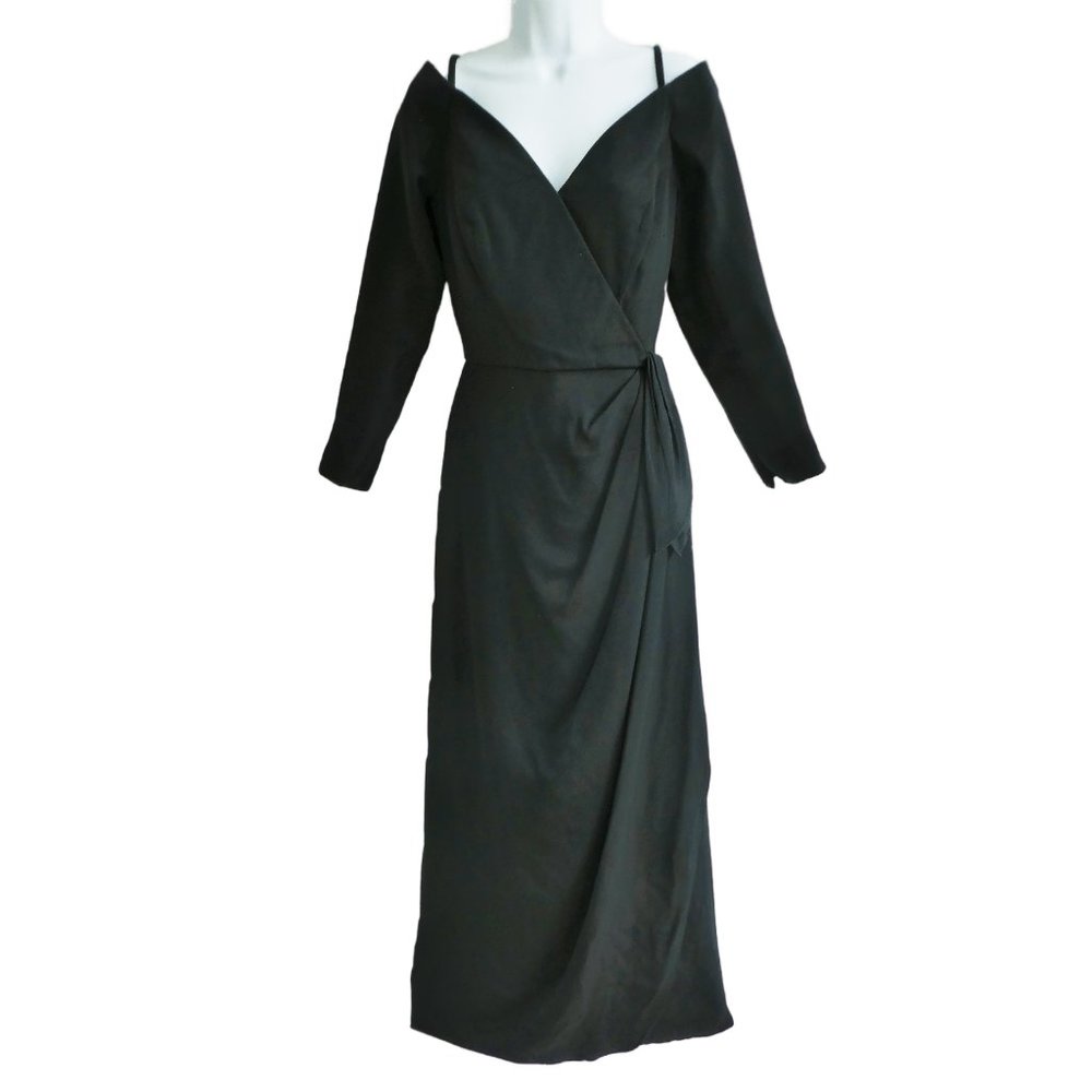 Vintage Gown YT by Travilla Black Satin Lined Back Zip Long Sleeve Ruched Hip 6